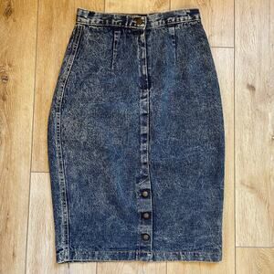 Vintage Made in USA Zena Acid Wash Denim Jean Pencil Midi Skirt w Buttons Sz 4-6